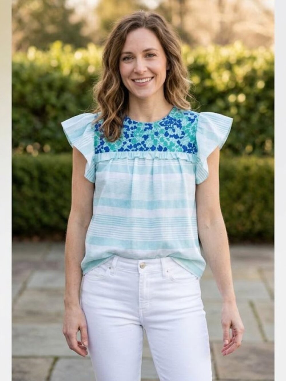 J Marie Floral and Striped Ruffle Sleeve Top Size Small